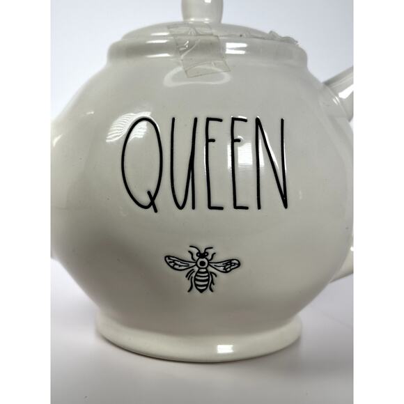 Rae Dunn by Magenta “QUEEN” Bee Icon Round Teapot White Ceramic Black Lettering - Picture 2 of 4
